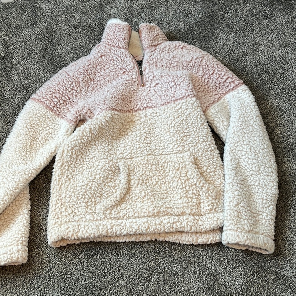 Fluffy pink, and white jacket